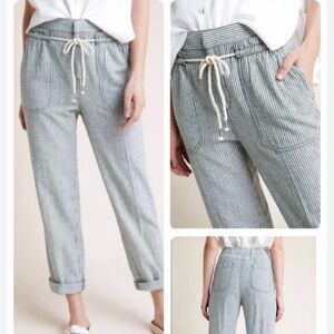 ANTHROPOLOGIE Seashore Striped Linen Blend Pants w Rope Belt Sage Green/White-L